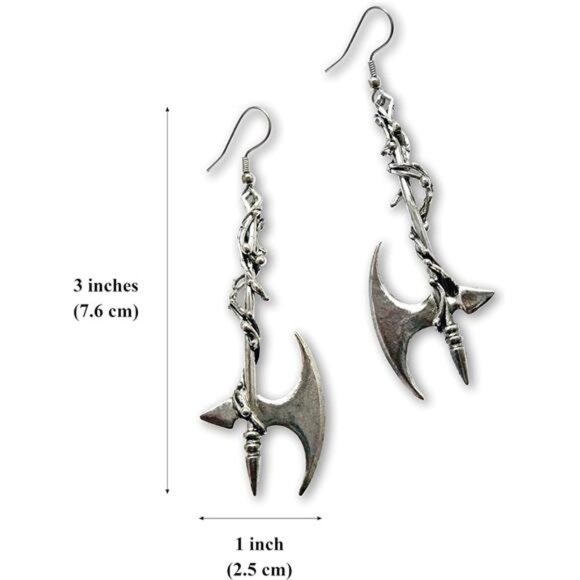 Gothic Vine Wrapped Executioner's Axe Earrings Medieval Renaissance Dangle Metal - Picture 3 of 7